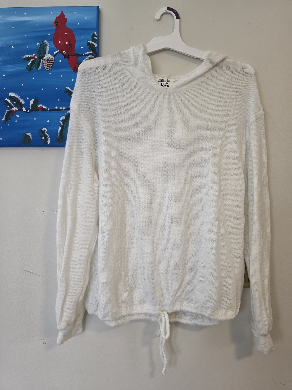 Made By Love Women's White Lightweight Hooded Long Sleeve Tee